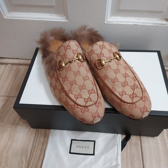 Gucci Beige GG Monogram Fur Princetown Mens Mules - Picture 7 of 10